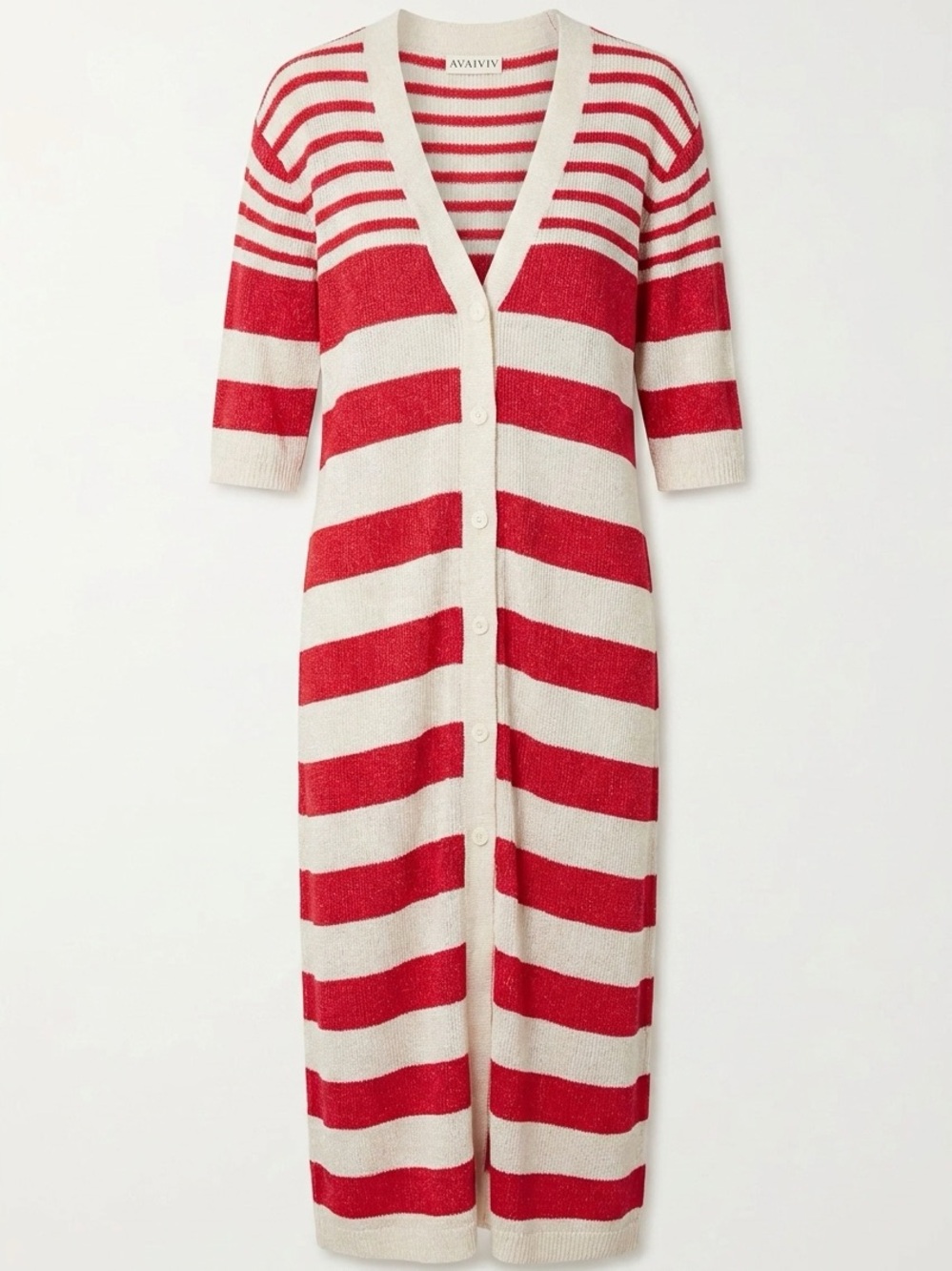 Red & Cream Striped Long Button Cardigan Dress